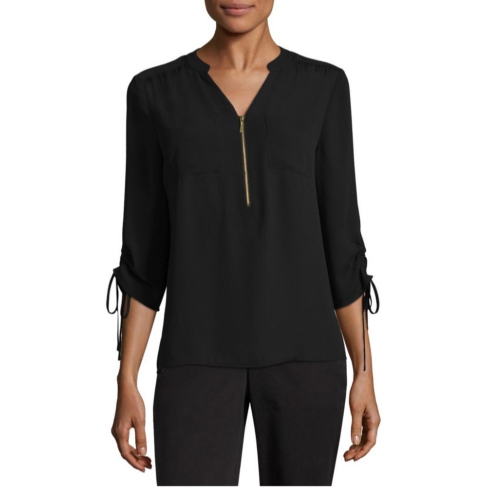 NWT Worthington Zip Front Ruched/Tie Sleeve Blouse